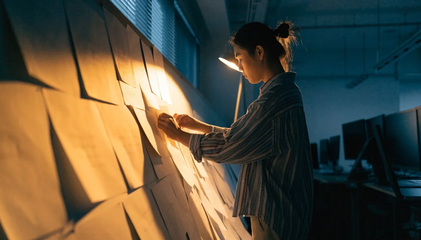 夜間工作室內部，桌燈照著工作檯